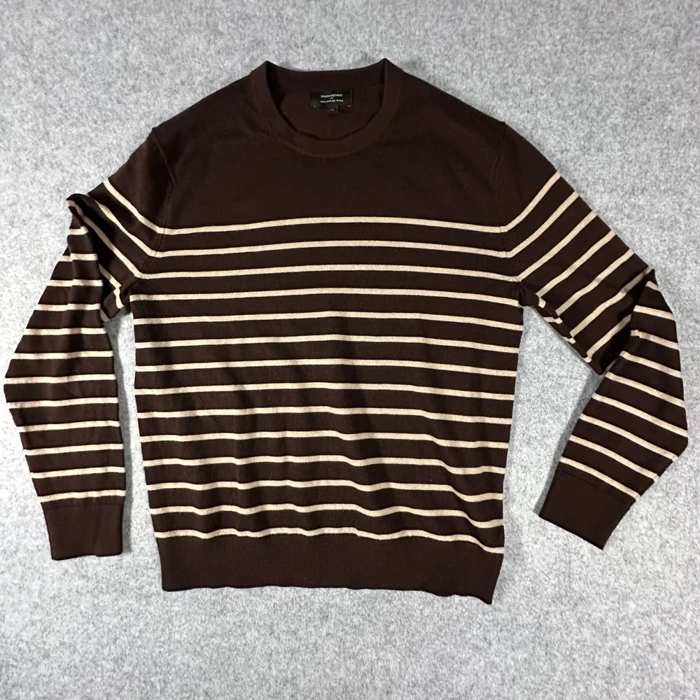 Banana Republic Sweater Medium Brown Mens Striped Merino Wool Crewneck